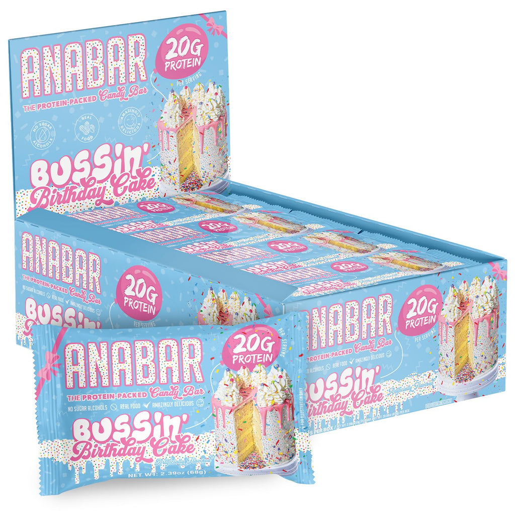 Anabar Protein Bar, NEW Bussin' Birthday Cake Protein-Packed Candy Bar, Amazing Tasting Protein Bar, No Sugar Alcohols, Real Food, Amazingly Delicious, 20 Grams of Protein (12 Bars, Bussin' Birthday Cake)