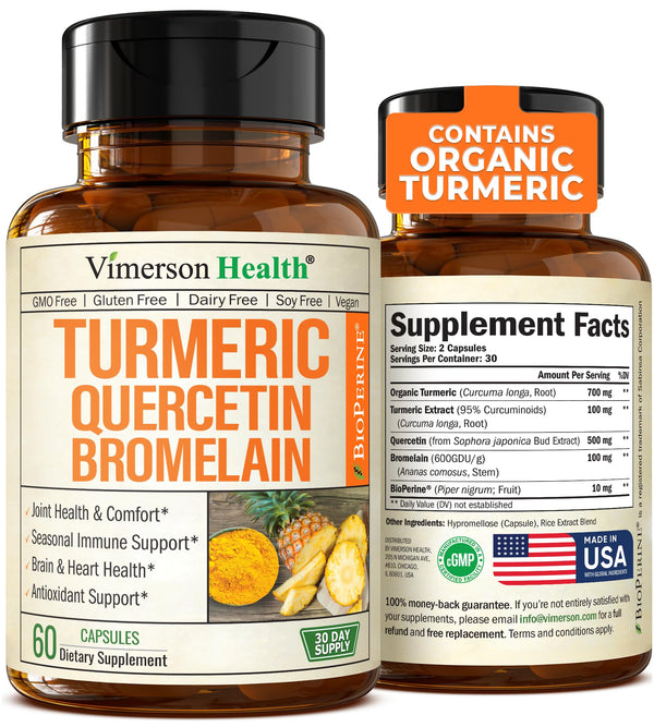 Quercetin with Bromelain Turmeric Supplement - Quercetin 500mg Capsules + Curcumin with Black Pepper - Joint Supplements for Women & Men. Bromelain Turmeric Curcumin Supplement. 60 Tumeric Capsules