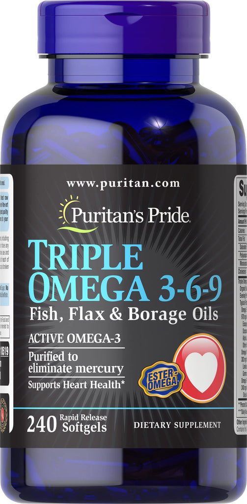 Puritan's Pride Triple Omega 3-6-9 Fish, Flax & Borage Oils, Supports Heart Health and Healthy Joints, 240 ct