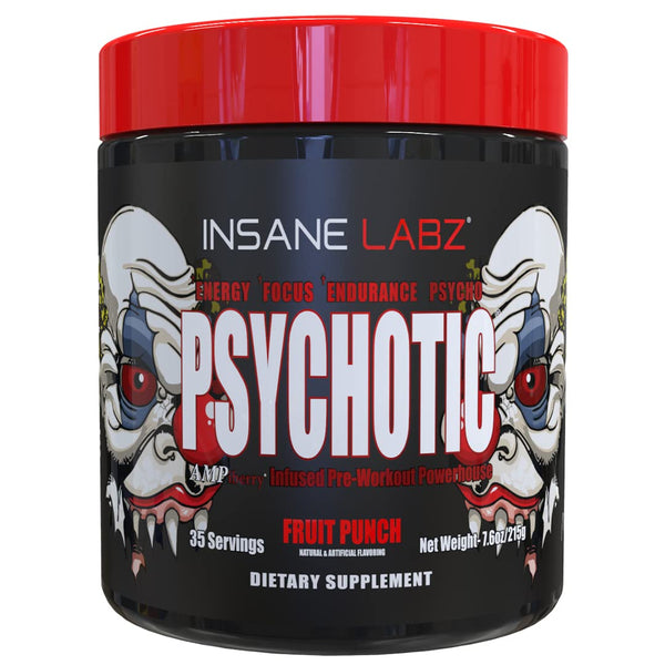 Insane Labz Psychotic, High Stimulant Pre Workout Powder, Extreme Lasting Energy, Focus and Endurance with Beta Alanine, Creatine Monohydrate DMAE, 35 Srvgs (Fruit Punch)