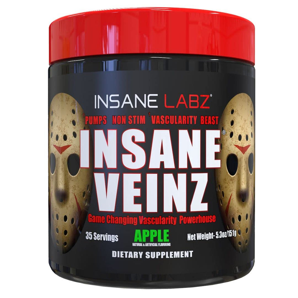 Insane Labz Insane Veinz Non Stimulant NO Enhancing Powder, Nitric Oxide Booster, Loaded with Agmatine Sulfate and Betaine Anhydrous, Increase Vascularity, 35 Srvgs, Apple