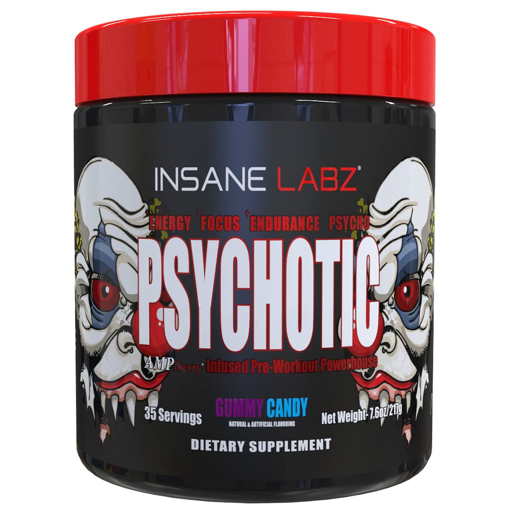 Insane Labz Psychotic, High Stimulant Pre Workout Powder, Extreme Lasting Energy, Focus and Endurance with Beta Alanine, Creatine Monohydrate DMAE, 35 Srvgs (Gummy Candy)