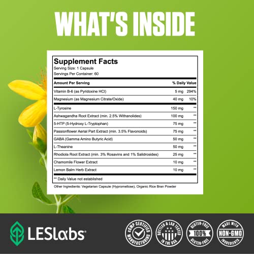 LES Labs Mood Boost – Stress Relief, Mood Support, Deep Relaxation & Improved Sleep – 5-HTP, Ashwagandha, Rhodiola Rosea, Magnesium, L-Theanine & GABA – 60 Capsules