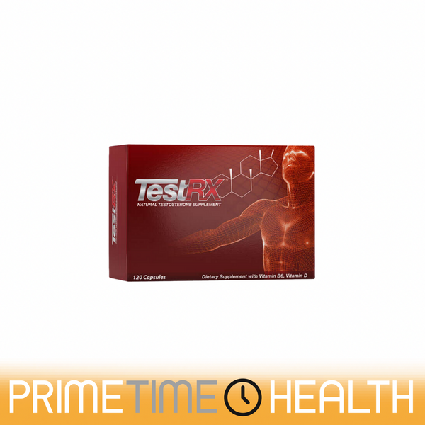 Red Box with TestRX Natural Testosterone Supplement 120 Capsules Dietary Supplement with Vitamin B6 and Vitamin D on Front of Box