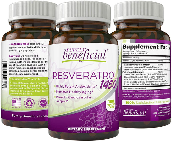 RESVERATROL1450 - 90day Supply, 1450mg per Serving of Potent Antioxidants & Trans-Resveratrol, Promotes Anti-Aging, Cardiovascular Support, Maximum Benefits (1bottle)