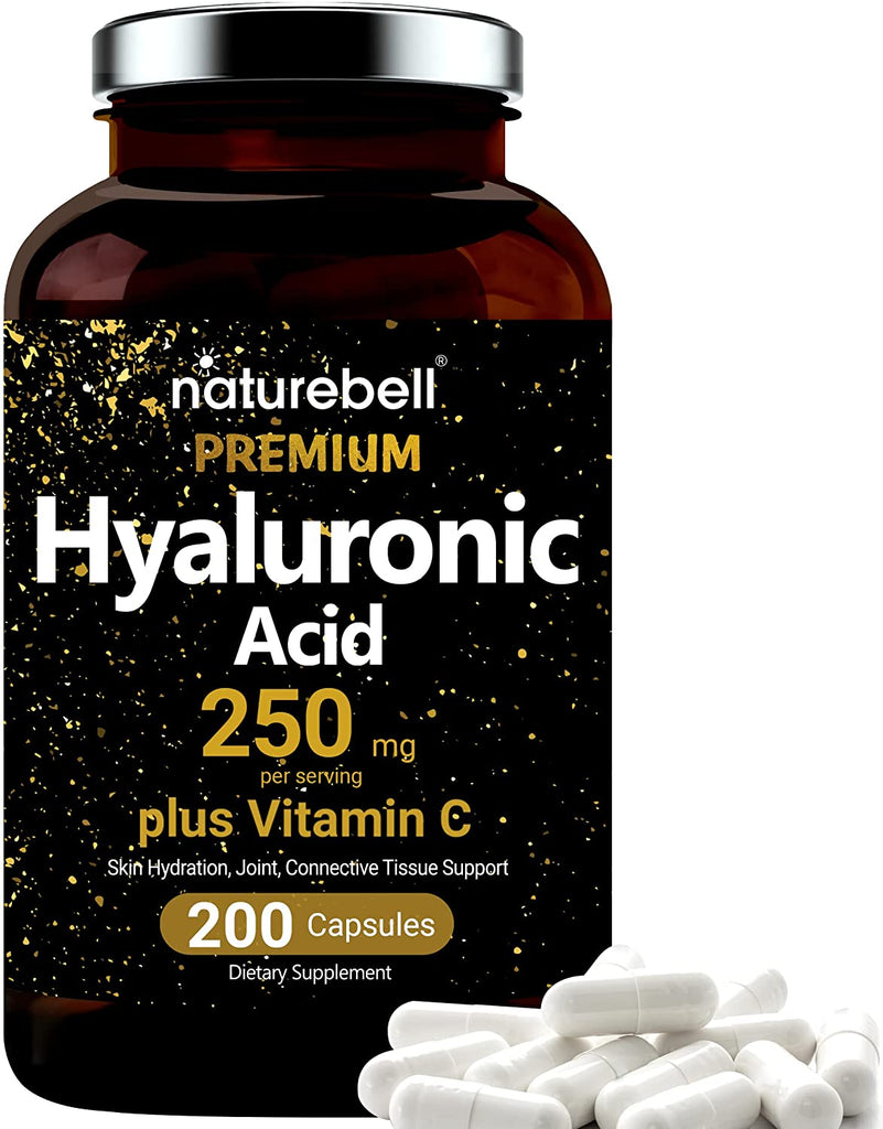NatureBell Plant Based Hyaluronic Acid Supplements, 250mg Hyaluronic Acid with 25mg Vitamin C Per Serving, 200 Capsules, 2 in 1 Formula, Supports Skin Hydration, Joints Lubrication and Antioxidant