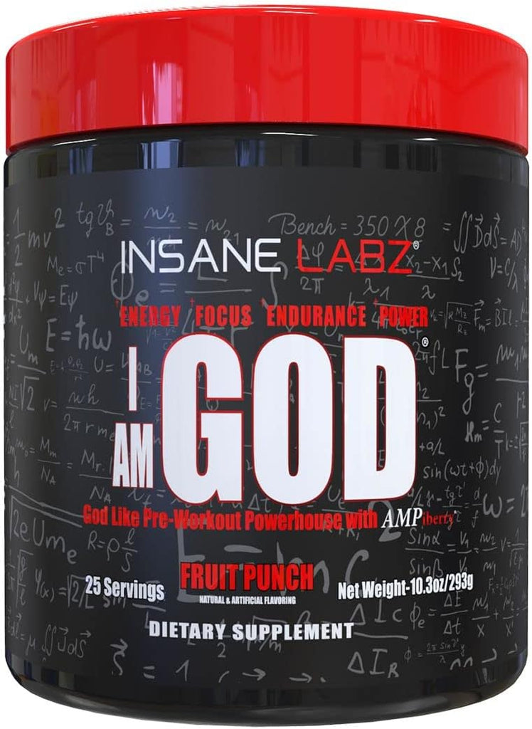 Insane Labz I am God Pre Workout, High Stim Pre Workout Powder Loaded with Creatine and DMAE Bitartrate Fueled by AMPiberry, Energy Focus Endurance Muscle Growth,25 Srvgs, Fruit Punch
