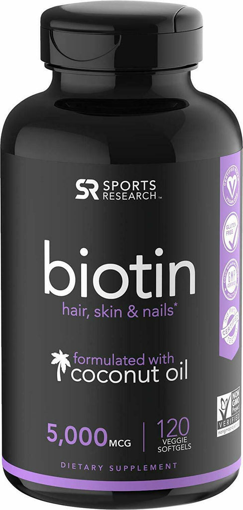 Sports Research Biotin 5000mcg Per Veggie Softgel; Enhanced with Coconut Oil