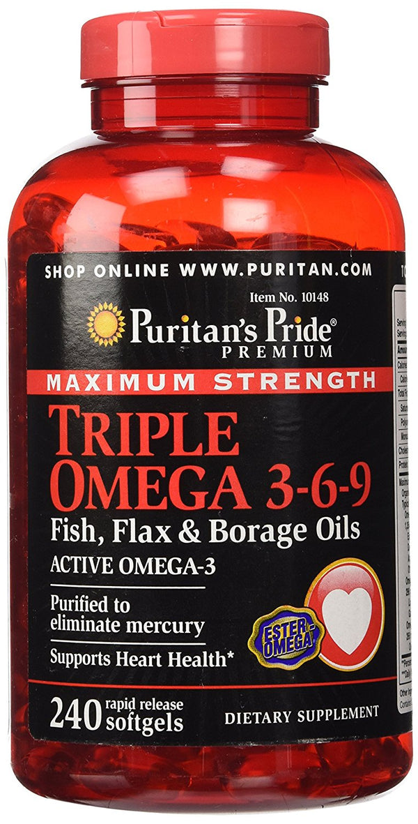 Triple Omega 3-6-9 Puritan's Pride Fish, Flax & Borage Oils - 240 Softgels